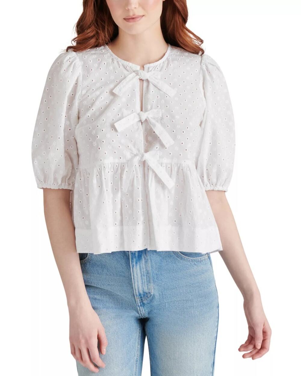 Steve Madden Women White Eyelet Cotton Paula Tie Front Short Sleeve Top Size S